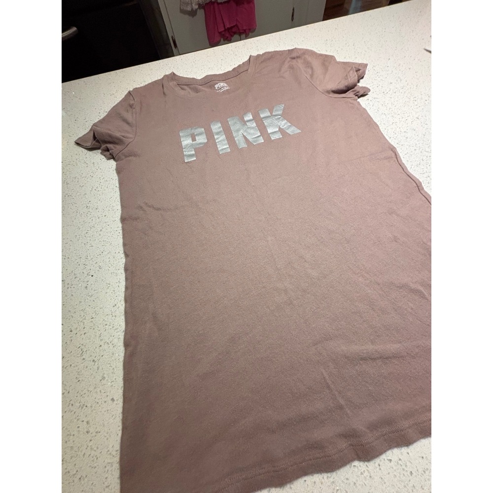 Victoria's Secret PINK T-Shirt Mauve Silver Metallic Logo Short Sleeve Small
